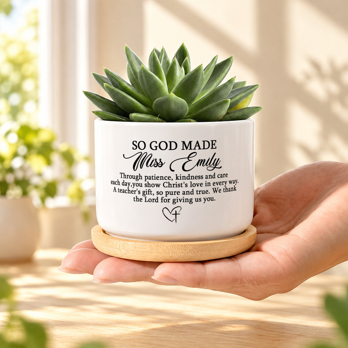 So God Made A Teacher, Gift For Teacher | Personalized Ceramic Plant Pot With Bamboo Tray