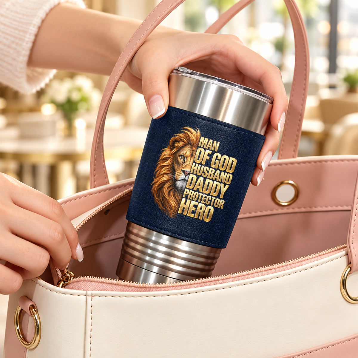 Man Of God Husband Dad Protector Hero, Gift For Husband Dad | Personalized 20oz Leather Wrapped Tumbler