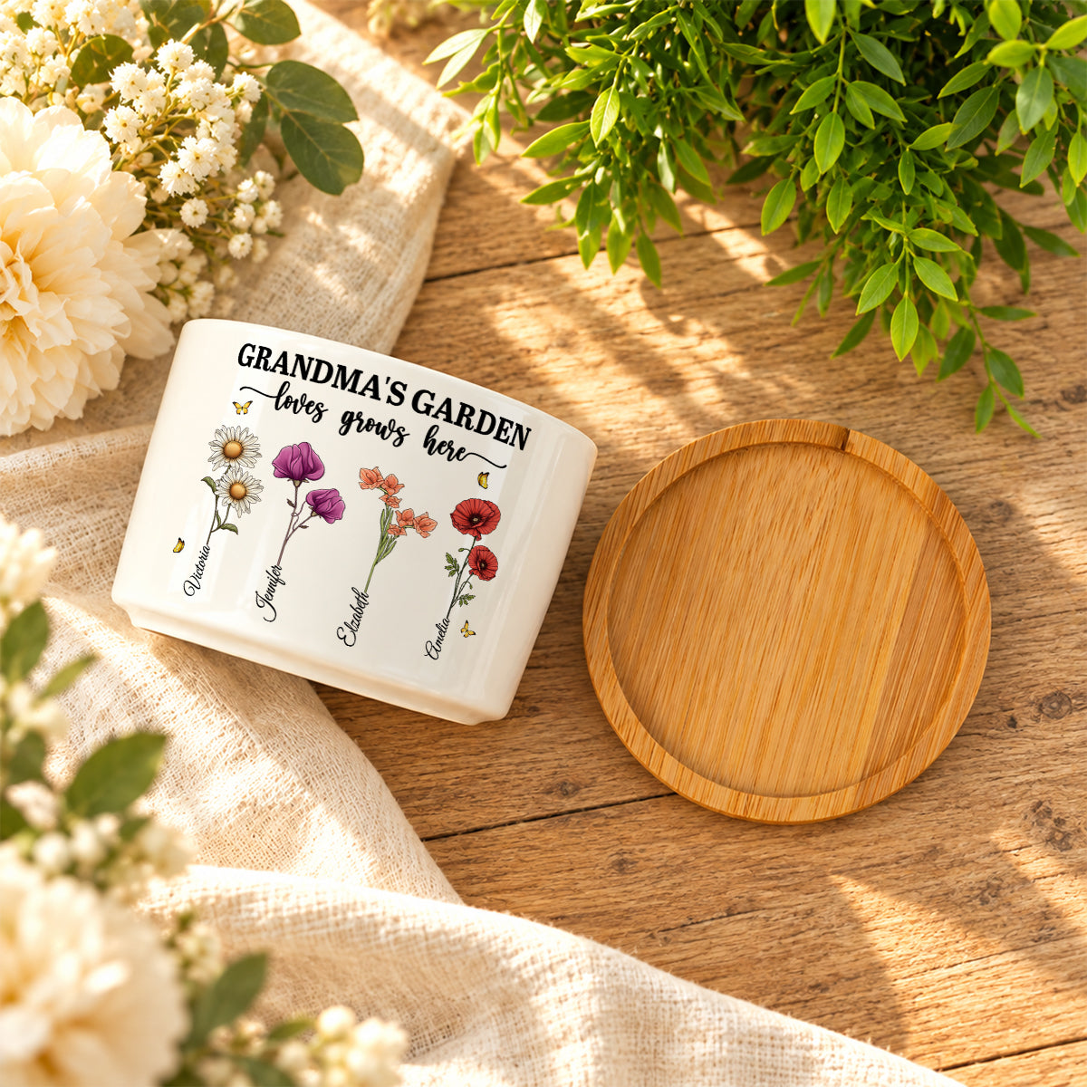 Grandma's Garden Love Grows Here, Gift For Grandma | Personalized Ceramic Plant Pot With Bamboo Tray