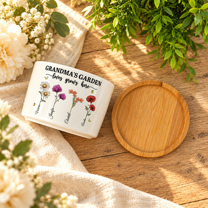 Grandma's Garden Love Grows Here, Gift For Grandma | Personalized Ceramic Plant Pot With Bamboo Tray
