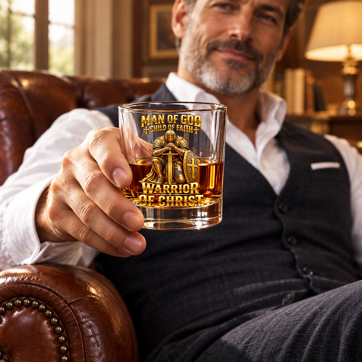 Man Of God, Christian Gifts For Husband, Dad, Son, Grandpa | Personalized Round Whiskey Glass