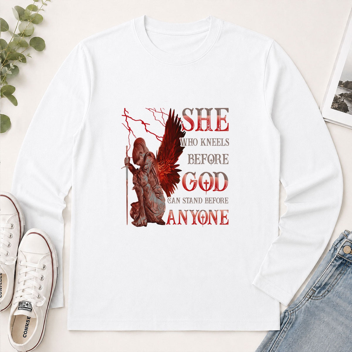 She Who Kneels Before God Can Stand Before Anyone, Christian Gift - 2D Unisex Long Sleeve