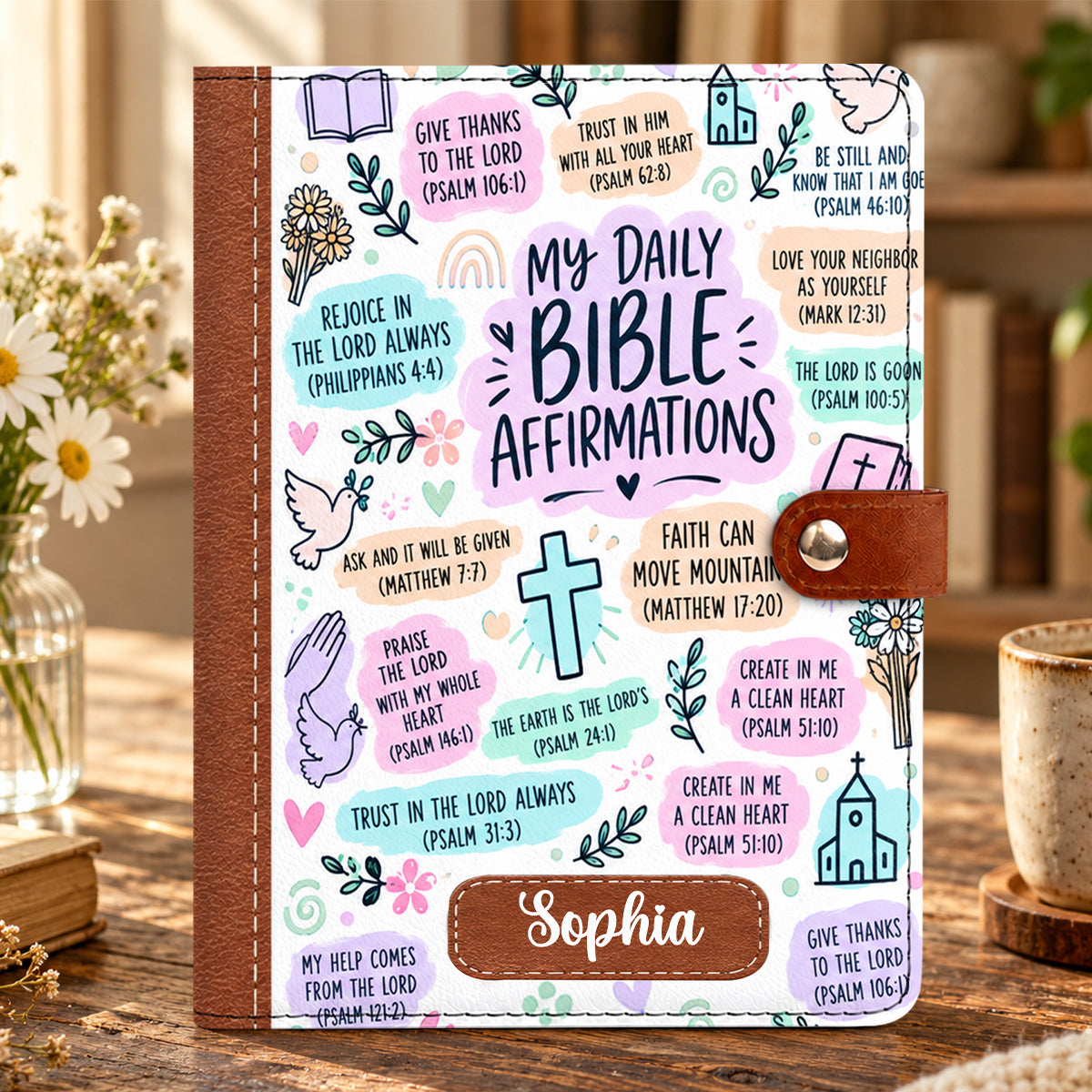 My Daily Bible Affirmations, Gift For Women | Personalized Leather Notebook Cover With Pocket