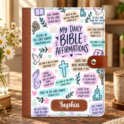 My Daily Bible Affirmations, Gift For Women | Personalized Leather Notebook Cover With Pocket