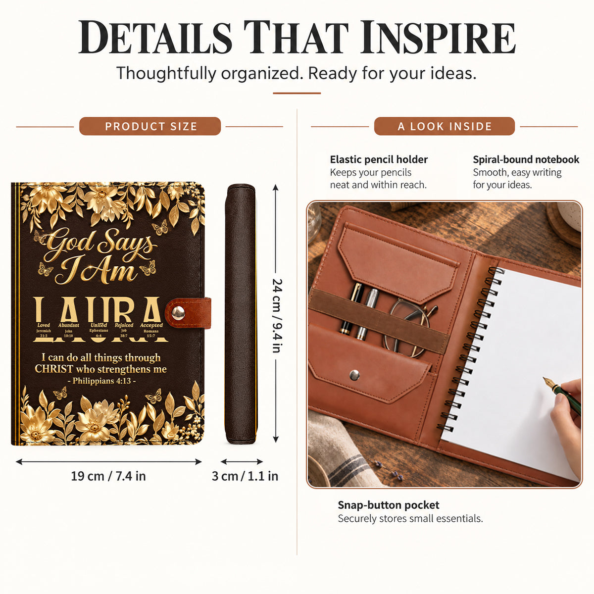 I Will Not Fear, Gift For Women | Personalized Leather Notebook Cover With Pocket