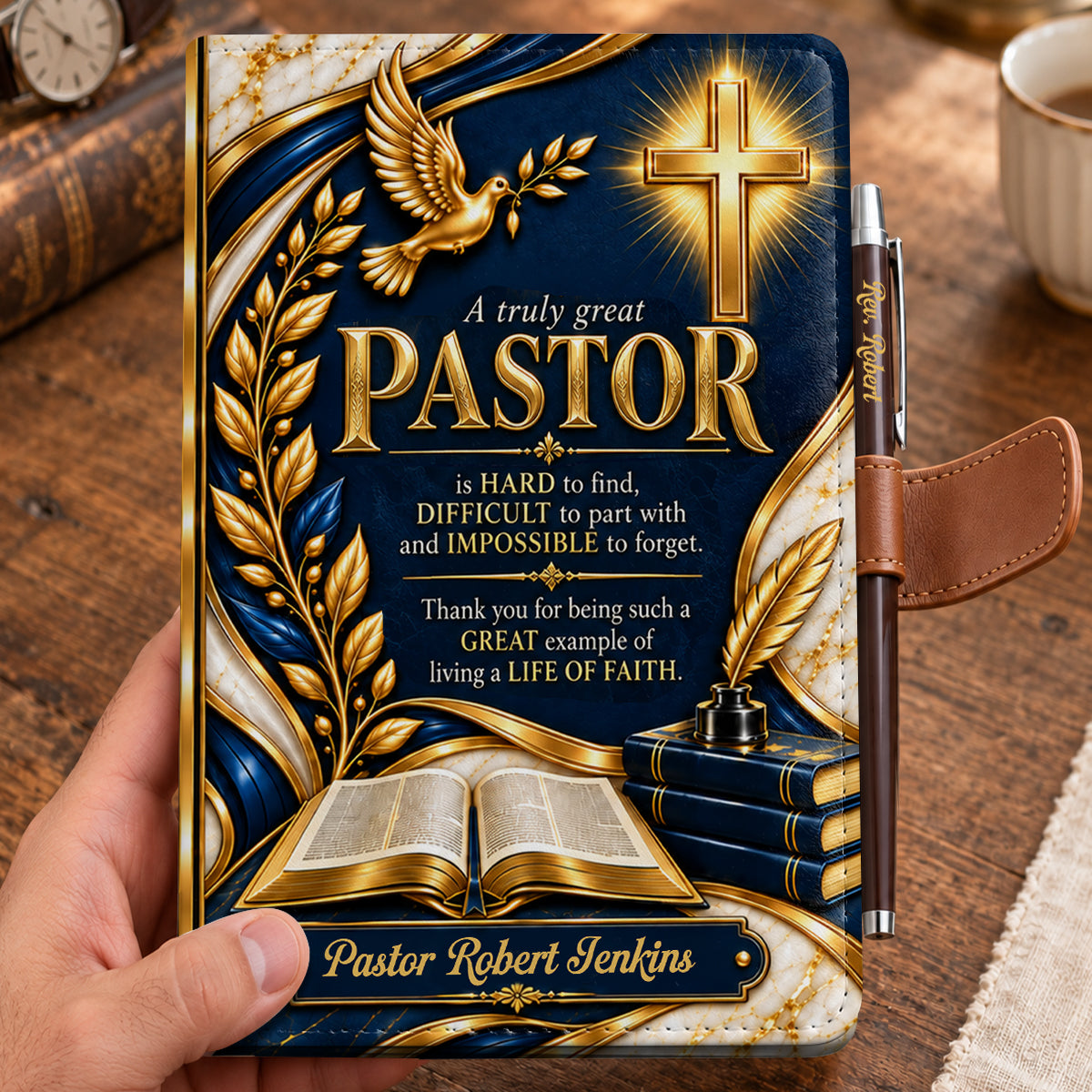 A Truly Great Pastor, Gift For Pastor | Personalized Leather Notebook & Pen Set