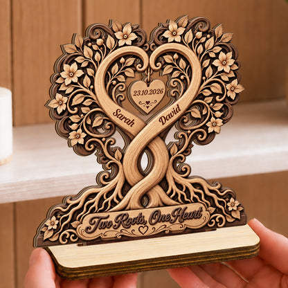 Couple Heart Tree Wooden Block, Anniversary Gifts For Couples | Personalized 2-Layer Wood Plaque With Flat Base