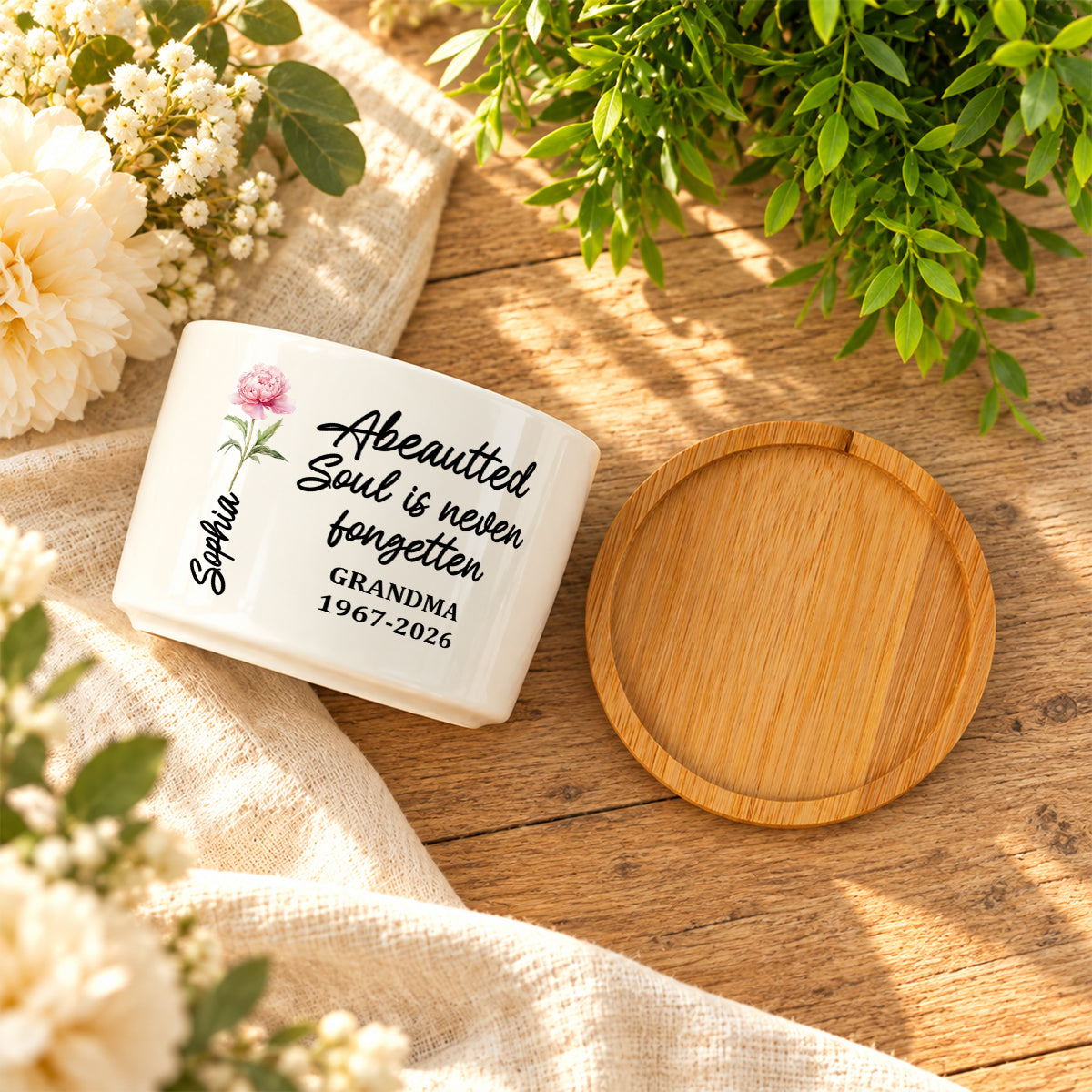 A Beautiful Soul Is Never Forgotten Grandma, Memorial Gift | Personalized Ceramic Plant Pot With Bamboo Tray