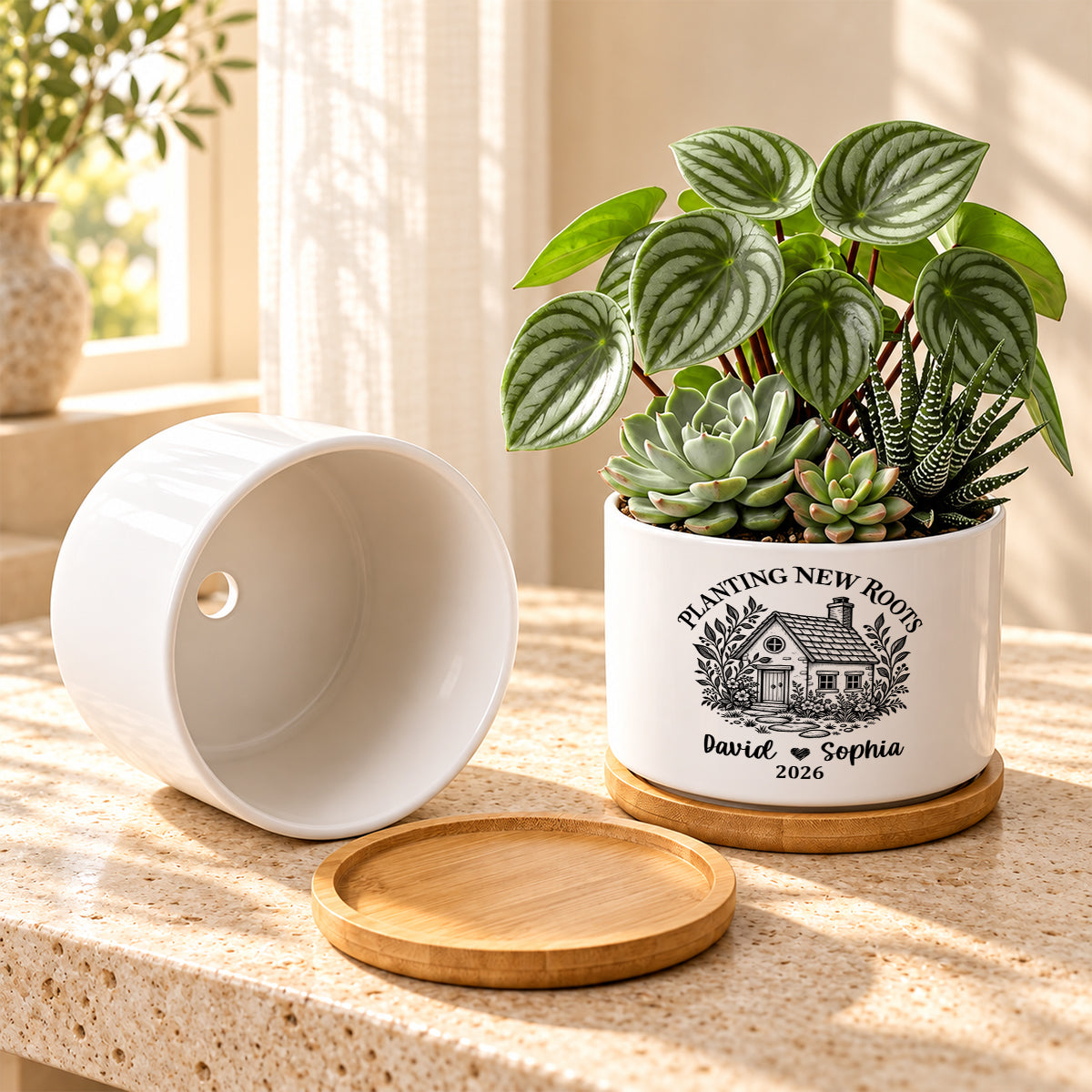 Planting New Roots, Couples Housewarming Gift | Personalized Ceramic Plant Pot With Bamboo Tray