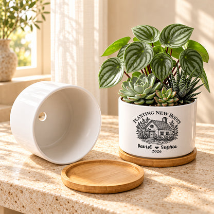 Planting New Roots, Couples Housewarming Gift | Personalized Ceramic Plant Pot With Bamboo Tray