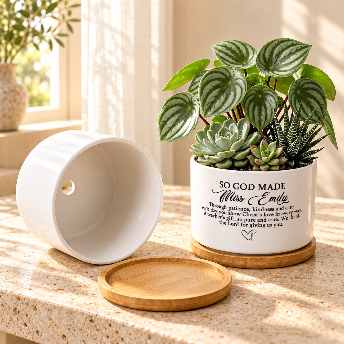 So God Made A Teacher, Gift For Teacher | Personalized Ceramic Plant Pot With Bamboo Tray