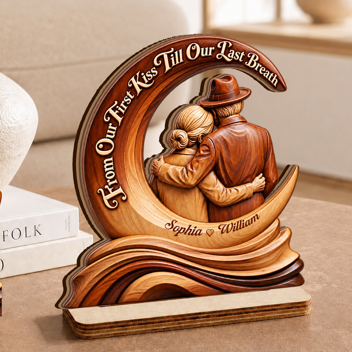 Till Our Last Breath Crescent Love Sculpture, Wedding Anniversary Gifts For Couples, Wife | Personalized 2-Layer Wood Plaque With Flat Base