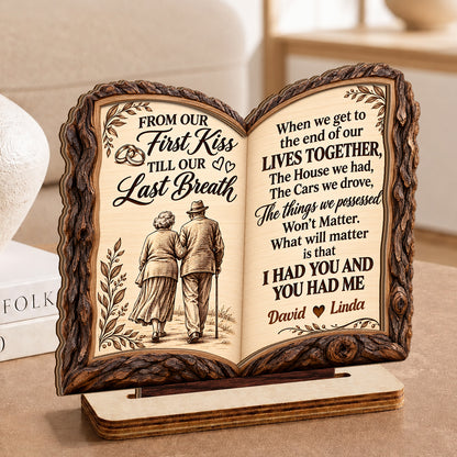 From Our First Kiss To Our Last Breath Love Journey Book, Anniversary Gifts For Couples | Personalized 2-Layer Wood Plaque With Flat Base