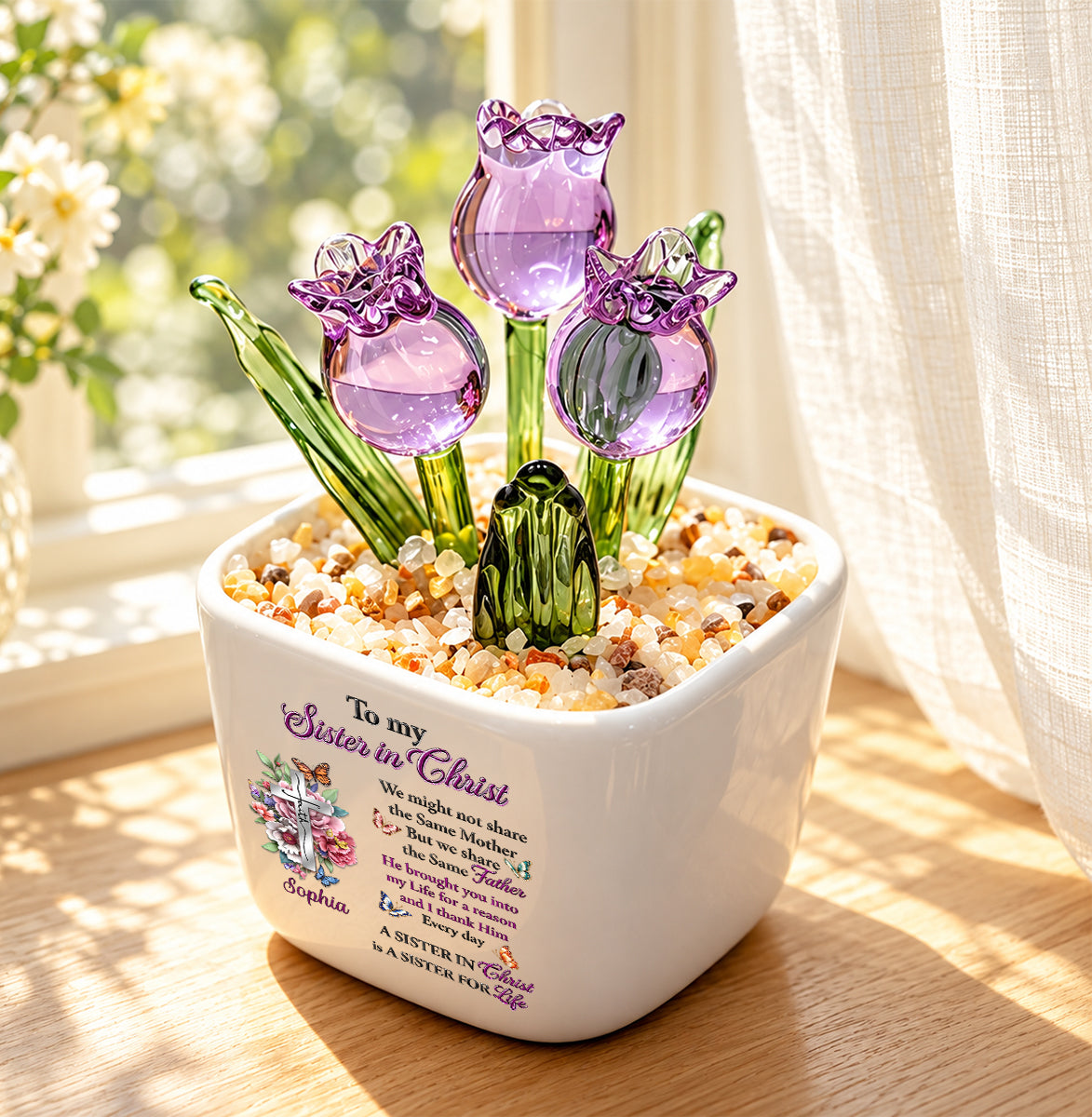 To My Sister In Christ, Christian Gifts For Sister In Christ | Personalized Glass Everlasting Tulips