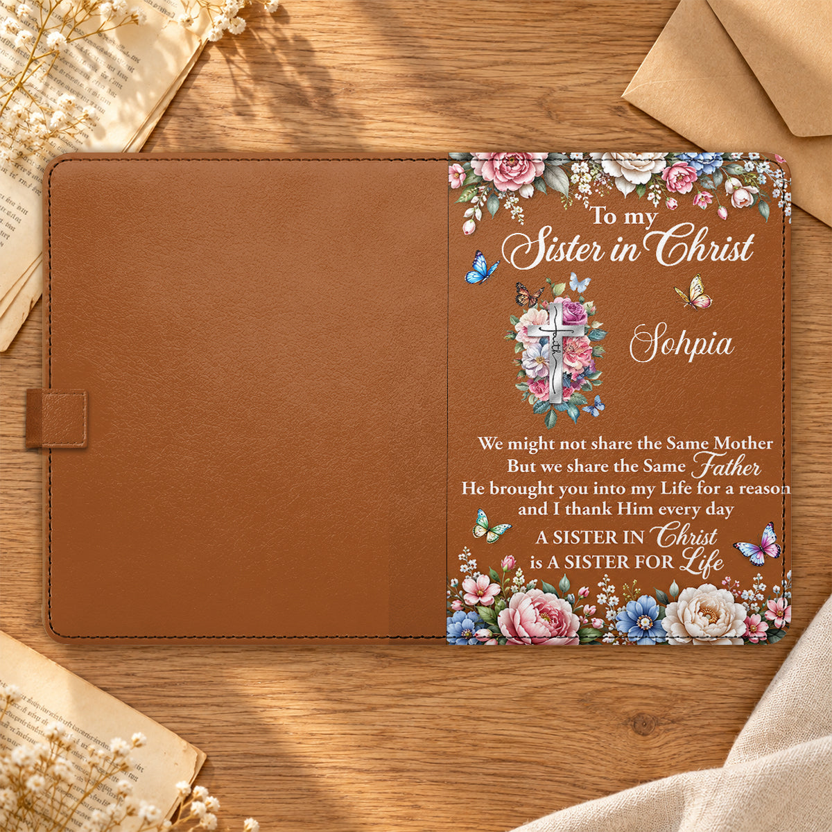 To My Sister In Christ, Gift For Sister | Personalized Leather Notebook & Pen Set