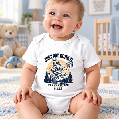 Just Got Dunk'd, Religious Figure With Basketball Hoop, Gift For Baby And Relgious | Personalized Custom Baby Onesie