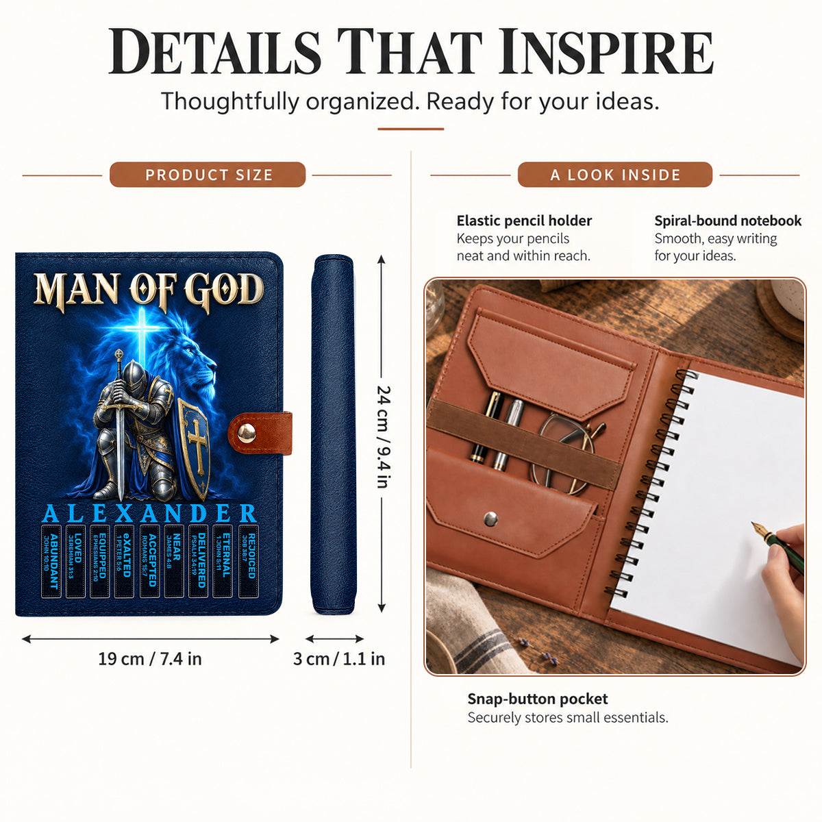 Man Of God, Gift For Men | Personalized Leather Notebook Cover With Pocket