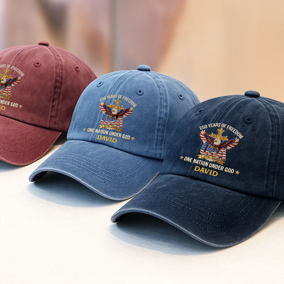 Faux Puff Embroidery Effect 250 Years Of Freedom One Nation Under God | Personalized Vintage Washed Denim Cap