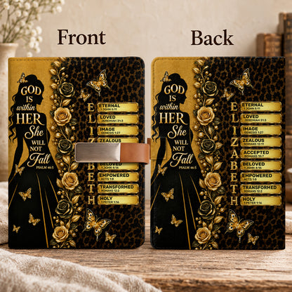 God Is Within Her She Will Not Fall, Gift For Women | Personalized Leather Notebook & Pen Set