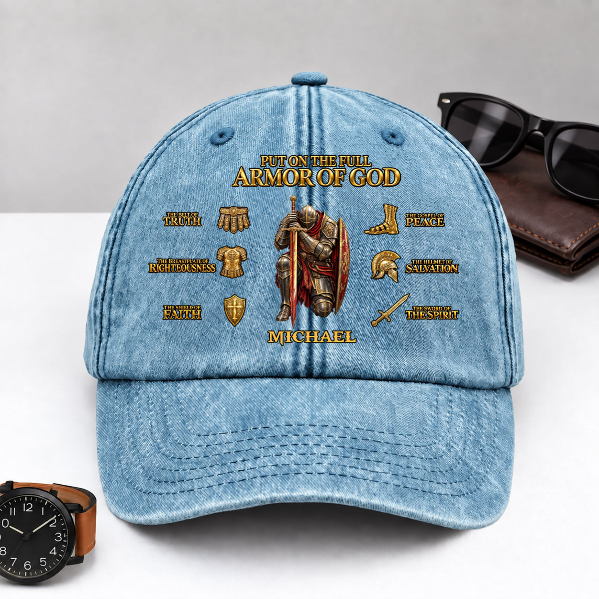Put On The Full Armor Of God, Gift For Men | Personalized Vintage Washed Denim Cap