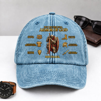 Put On The Full Armor Of God, Gift For Men | Personalized Vintage Washed Denim Cap
