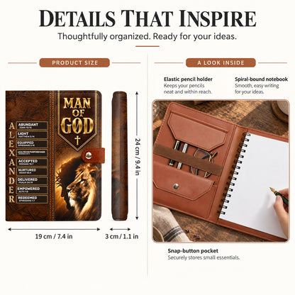 Man Of God, Gift For Men | Personalized Leather Notebook Cover With Pocket