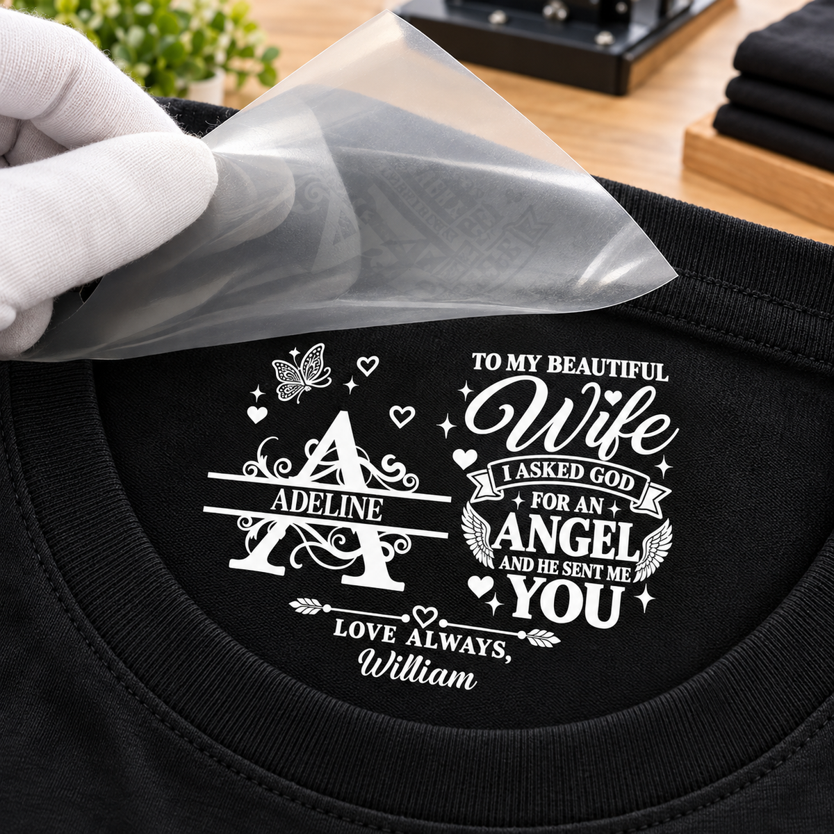 To My Dear Wife I Asked God For An Angel And He Sent Me You, Gift For Wife - Personalized Shirt With Design Inner Neck