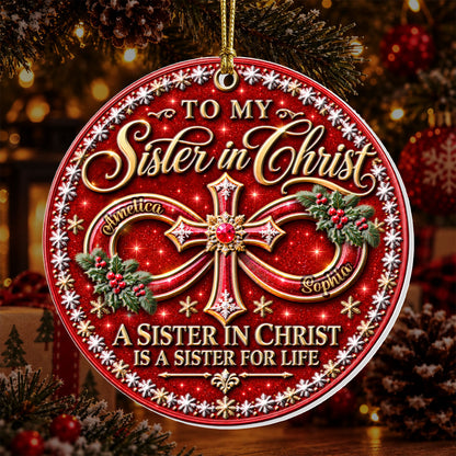 To My Sister In Christ, Christian Christmas Gifts For Sister In Christ | Personalized 3D Relief White Acrylic Ornament