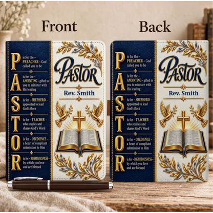Pastor’s Words Of Faith, Gift For Pastor | Personalized Leather Notebook & Pen Set